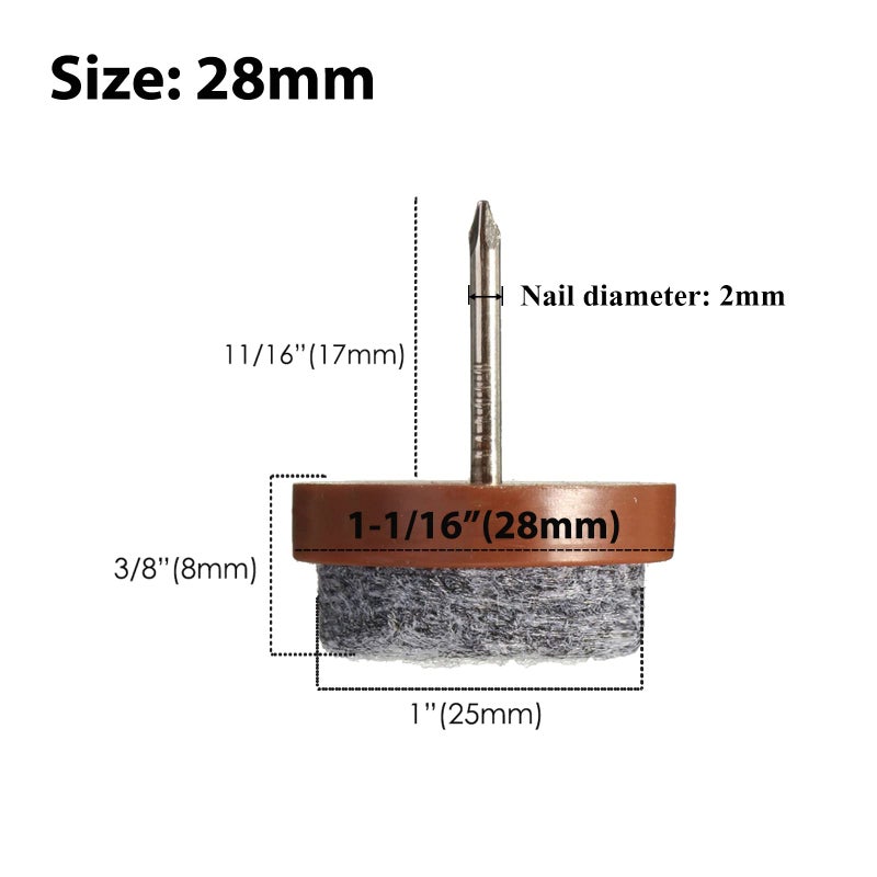 Gutapo 40pcs Round Heavy Duty Nail-on Felt Pad for Furniture Chair Table Leg Feet Floor Protectors Slide Smoothly (Brown, Pad Diameter 28mm) - Image 2